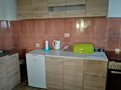 a kitchen with a green appliance on a counter at Apartman Nikocevic in Dobra Voda
