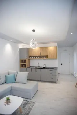 a living room with a couch and a kitchen at Apartments Cota Guesthouse in Ulcinj