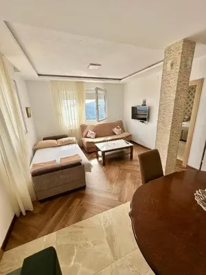 a living room with a couch and a table at Montenegrina Apartment in Budva
