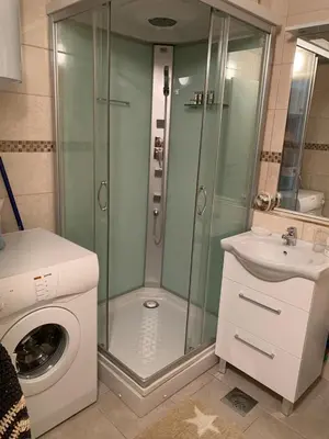 a bathroom with a shower and a sink and a washing machine at Apartman Glava Zete in Sutomore