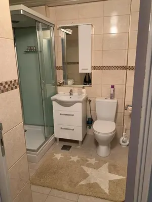 a bathroom with a toilet and a shower and a sink at Apartman Glava Zete in Sutomore