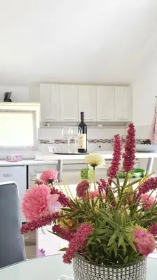 a vase of flowers sitting on a table in a kitchen at Apartment Jelena Sutvara in Kotor