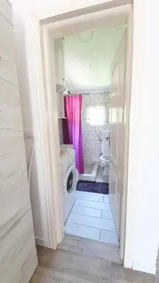 a bathroom with a washing machine and a pink shower curtain at Apartment Jelena Sutvara in Kotor