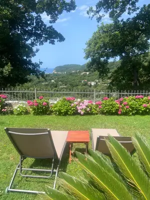 a chair and a table in the grass with flowers at El Mar House in Petrovac na Moru