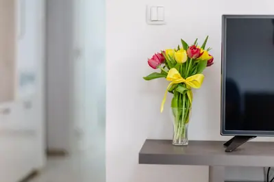 a vase of flowers on a desk next to a computer monitor at Old Town Summer Apartment in Kotor