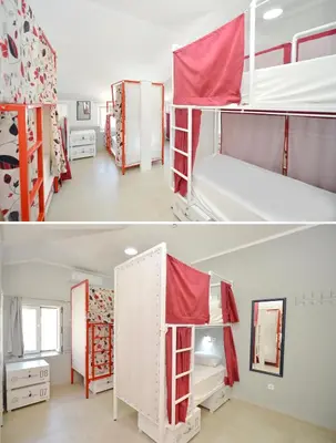 two pictures of a room with bunk beds at Hostel Pupa in Kotor