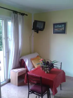 a room with a table and a bed and a television at Guesthouse Lautasevic in Petrovac na Moru