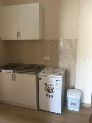 a small kitchen with a stove and a refrigerator at Moonlight Apartments in Ulcinj