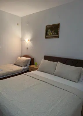 a bedroom with two beds and a picture on the wall at Studio Apartments Domenik in Ulcinj