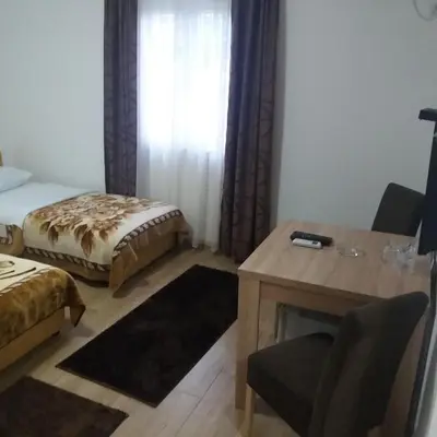 a room with a bed and a desk and a table at Apartments Šofranac in Podgorica