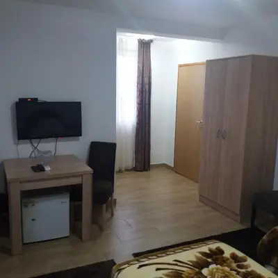 a living room with a table and a television and a desk at Apartments Šofranac in Podgorica