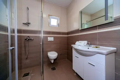 a bathroom with a shower and a sink and a toilet at Uphill Glavanovic Villas in Bar