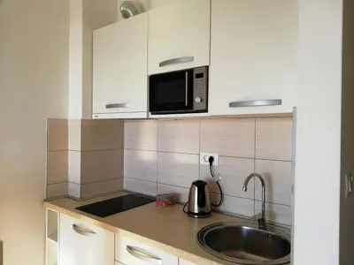 a kitchen with a sink and a microwave at Apartment Olive Montenegro KO Becici in Budva