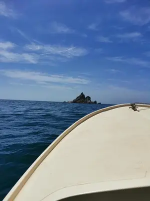a boat in the water with an island in the background at Guest House Radulovic in Petrovac na Moru