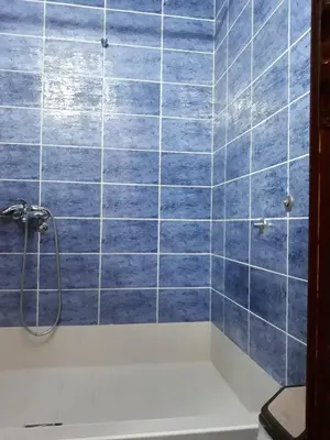 a bathroom with a shower with blue tiles on the wall at Apartment Vukasevic in Virpazar