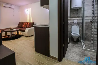 a bathroom with a shower and a toilet in a room at Adriatic Dreams Apartments in Dobra Voda