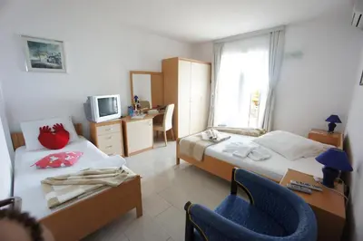 a room with two beds and a desk and a television at Vila Mitrovich in Sveti Stefan