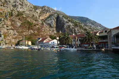 a group of boats in a harbor next to a mountain at Apartments Qualitas in Kotor