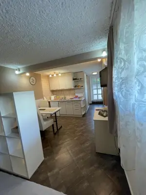 a kitchen and a living room with a table at Apartment Garden in Kotor