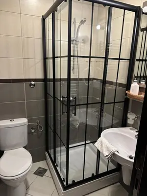 a bathroom with a shower and a toilet and a sink at Lucic Rooms & Suites in Budva