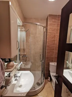 a bathroom with a shower and a sink and a toilet at Apartman Nina in Budva