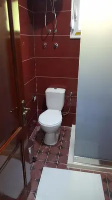 a bathroom with a toilet in a red tiled room at Apartments Sirena in Ulcinj
