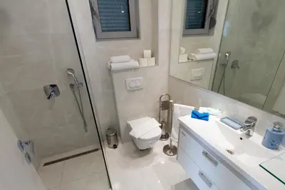 a bathroom with a shower and a toilet and a sink at Villa Blue Panorama in Budva