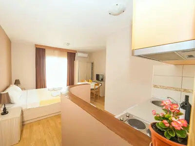 a room with a bed and a kitchen with a sink at Hana Accommodation in Sveti Stefan