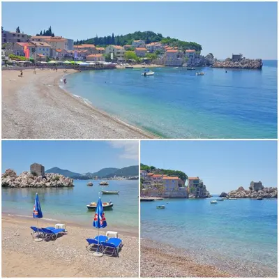 three pictures of a beach with chairs and boats in the water at Hana Accommodation in Sveti Stefan