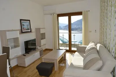 a living room with a couch and a tv at Apartmani Svetionik in Budva