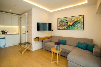 a living room with a couch and a tv at Hotel Admiral in Budva