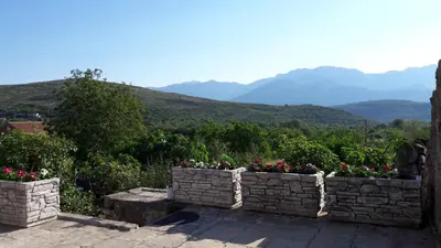 a stone wall with flowers in it with mountains in the background at Holiday House Stari Volat in Budva
