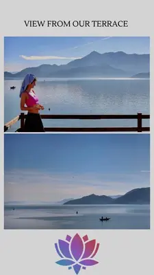 a woman sitting on a bench near the water at Apartmani Konoba Starčevo in Virpazar
