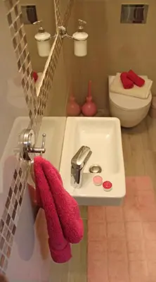 a bathroom with a sink with pink towels on it at Filipa Apartment in Kotor