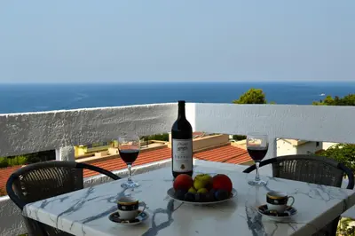 a table with a bottle of wine and a bowl of fruit at Apartment Sunny in Bar