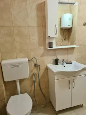 a bathroom with a white toilet and a sink at Apartment Sunny in Bar