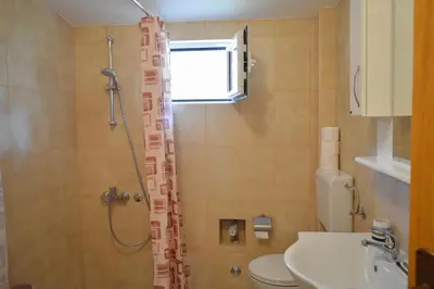 a bathroom with a shower with a toilet and a window at Apartment Sunny in Bar