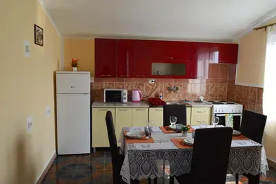 a kitchen with a table and a white refrigerator at Apartment Sunny in Bar