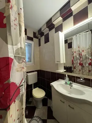 a bathroom with a toilet and a sink and a mirror at Apartmani Dada in Kotor