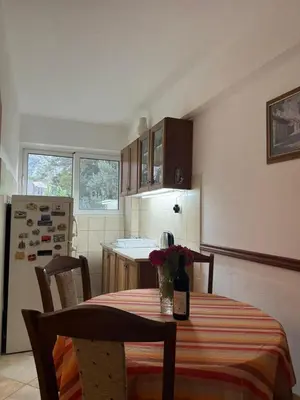 a kitchen with a table with a bottle of wine on it at Apartmani Dada in Kotor