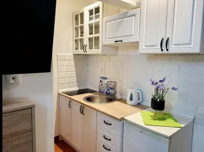 a small kitchen with white cabinets and a sink at Apartments Maris Garden in Petrovac na Moru