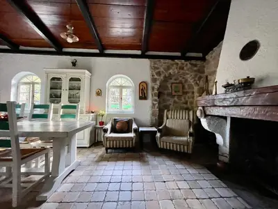 a living room with a fireplace and a table and chairs at Lake house Puro in Dodoši