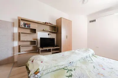 a bedroom with a bed and a television in it at Apartments Vukmarković in Sutomore
