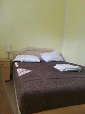 a bed with two white towels on top of it at Vila Branka in Čanj