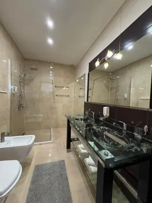 a bathroom with a sink and a toilet and a shower at Hotel Freiburg in Ulcinj