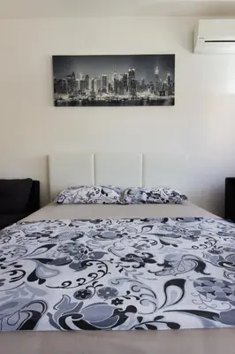 a bedroom with a bed with a painting on the wall at Zebra in Podgorica