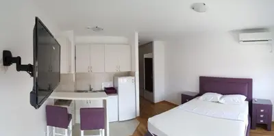 a small room with a bed and a desk and a kitchen at Zebra in Podgorica