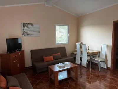 a living room with a couch and a table at Apartmani Stanisic in Čanj