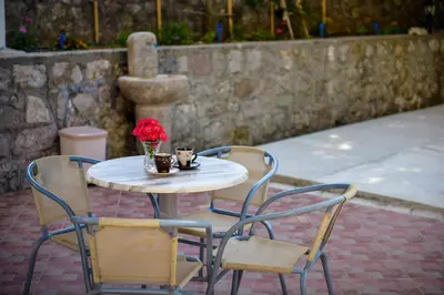 a table with two chairs and a vase with red flowers on it at Apartmani Stanisic in Čanj
