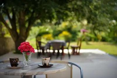 a table with two cups and a vase with flowers on it at Apartmani Stanisic in Čanj
